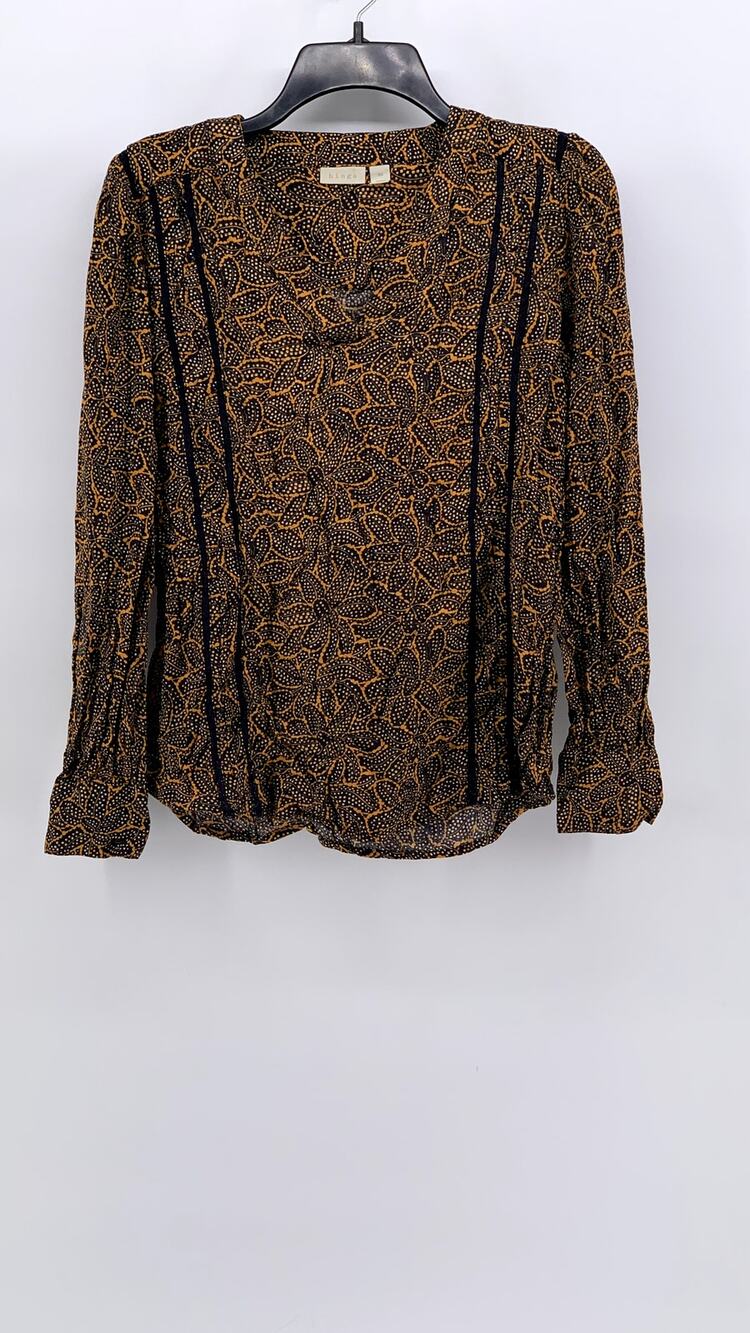 HINGE Women's Brown Textured Dot Print Long Sleeve Lace Stripe Top SZ S